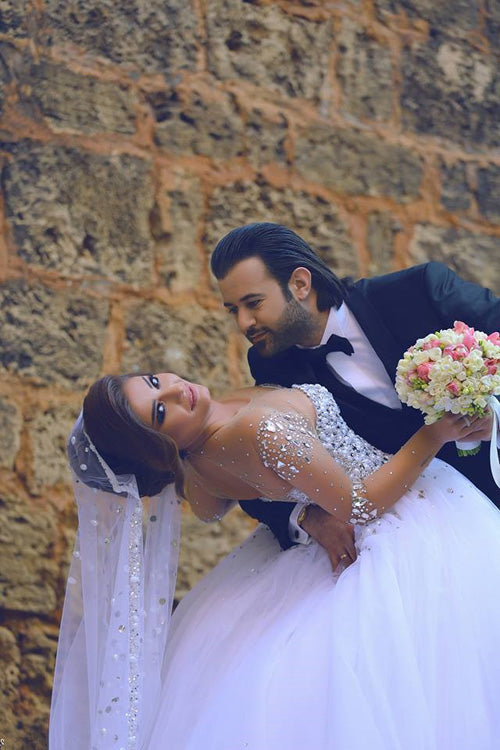 Fabulous Vintage Tulle Long Sleeve Ball Gown Wedding Dresses with Beading, SW260|simidress.com