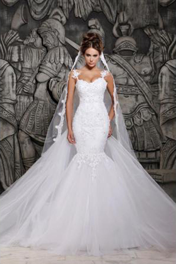 Gorgeous Lace Backless Mermaid Spaghetti Straps Wedding Dresses with Appliques, SW261