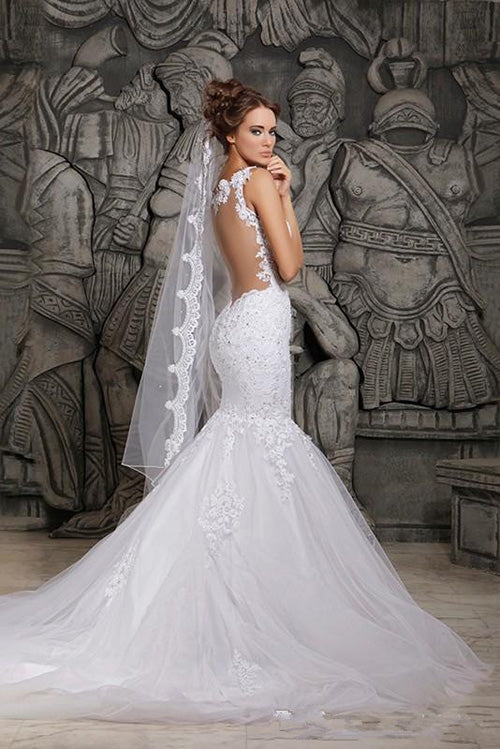 Gorgeous Lace Backless Mermaid Spaghetti Straps Wedding Dresses with Appliques, SW261|www.simidress.com