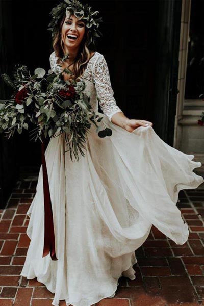 White Chiffon Cheap Two Piece 3/4 Sleeve Wedding Dresses | Bridal Gowns, SW263