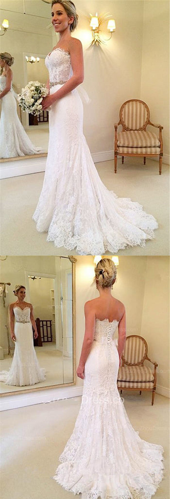 www.simidress.com | White Sweetheart Lace Court Train Mermaid  Wedding Dresses | Bridal Gowns, SW264
