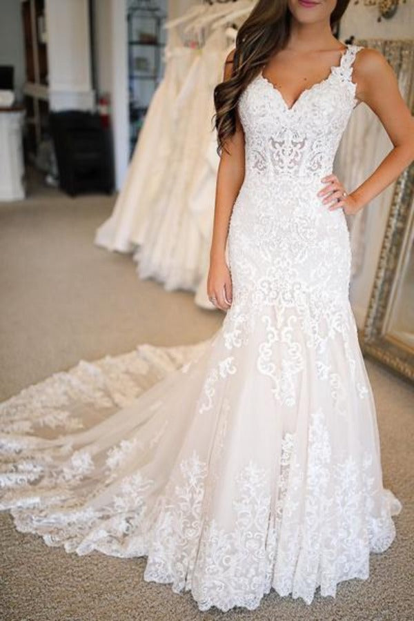 Fabulous Open Back Lace Mermaid V-neck Long Wedding Dresses | Bridal Gowns, SW265