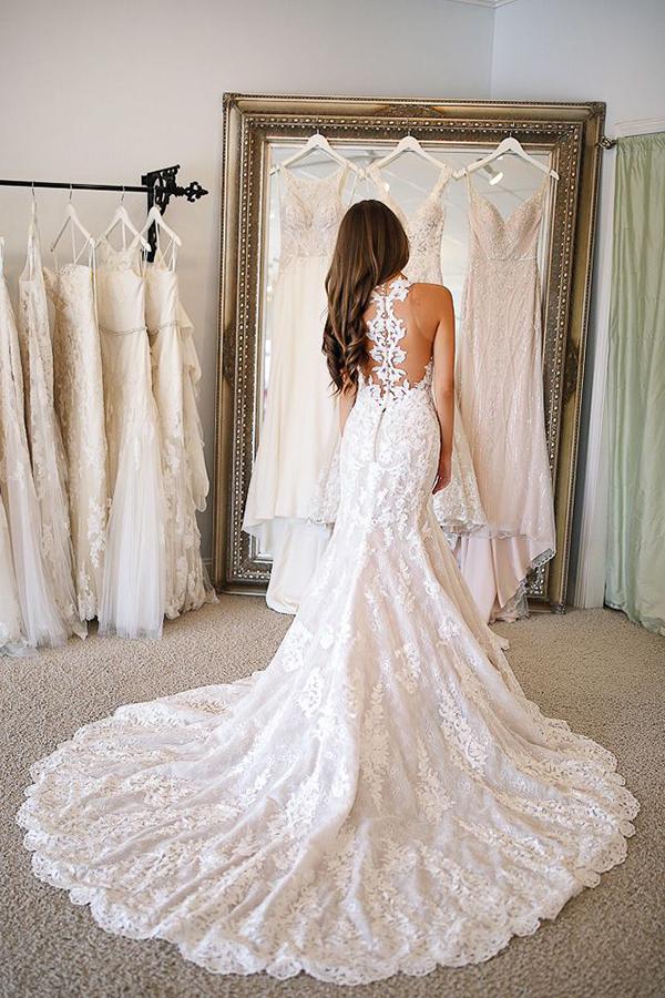 www.simidress.com offer Fabulous Open Back Lace Mermaid V-neck Long Wedding Dresses, Bridal Gowns, SW265