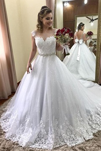 Gorgeous White Lace Sparkly Ball Gown Sweetheart Long Wedding Dresses, SW266