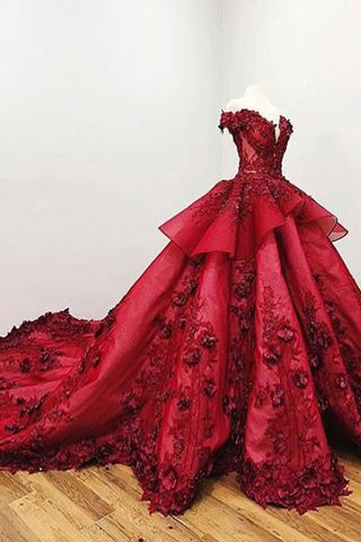 Gorgeous Red Off-the-Shoulder Beaded Ball Gown V-neck Appliques Wedding Dresses, SW268