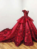 Gorgeous Red Off-the-Shoulder Beaded Ball Gown V-neck Appliques Wedding Dresses, SW268 | simidress.com