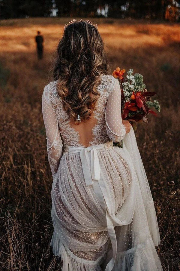 Gorgeous Lace Polka Dot Boho Wedding Dresses | Bridal Dress with Sleeves, SW269 | Simidress