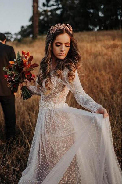 Gorgeous Lace Polka Dot Boho Wedding Dresses, Bridal Dress with Sleeve ...
