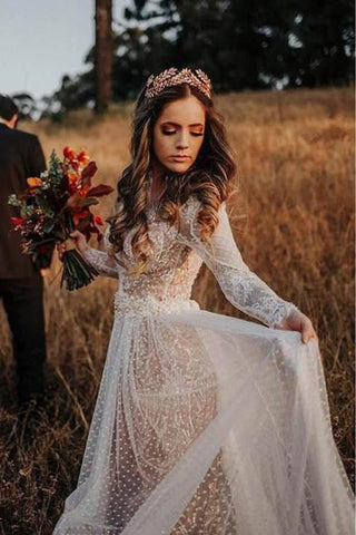 Gorgeous Lace Polka Dot Boho Wedding Dresses | Bridal Dress with Sleeves, SW269 | wedding dresses | wedding dresses online | wedding dresses long sleeves | simidress.com