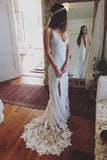 V-neck Spaghetti Straps Beach Wedding Dress,Side Slit Lace Bridal Dress,Prom Dress, SW26
