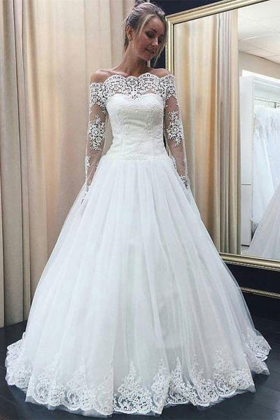 White Lace Off-the-shoulder Long Sleeves Wedding Dresses with Appliques, SW271