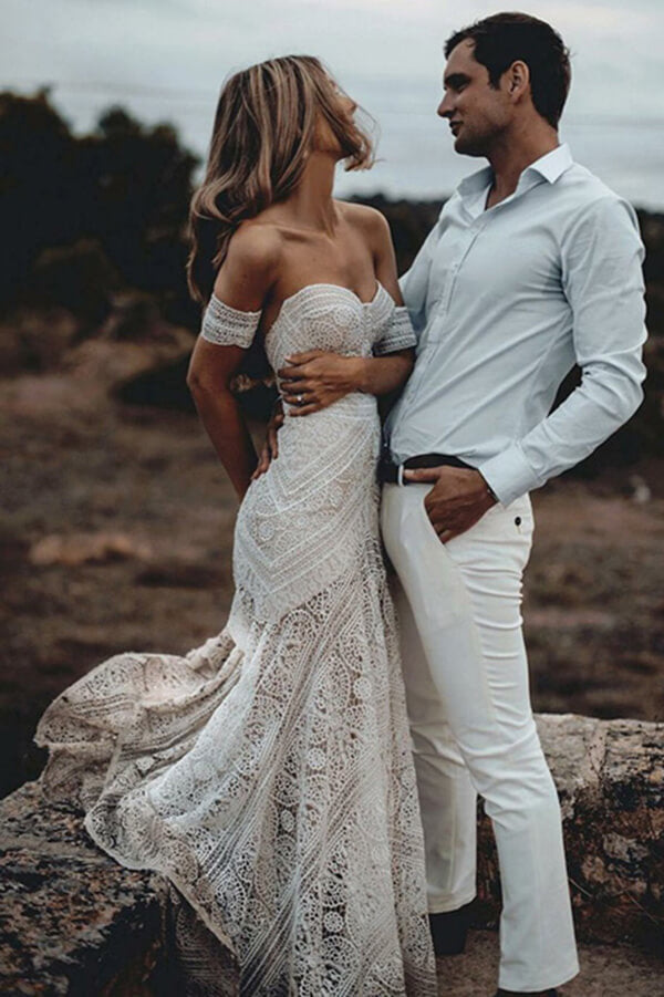 Ivory Rustic Boho Lace Sweetheart Neck Beach Wedding Dresses