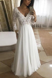 White Lace A-line V-neck Long Sleeves Chiffon Wedding Dresses | Bridal Gowns, SW275