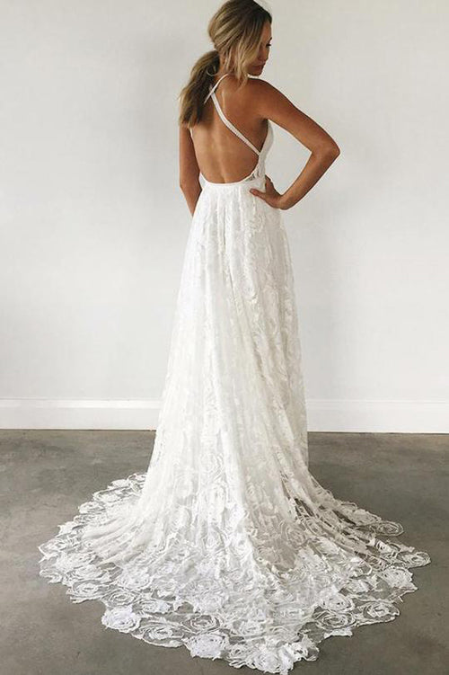 simidress.com offer White Lace Spaghetti Straps A-line V-neck Wedding Dresses with Side Slit, SW276