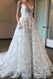 Gorgeous White Tulle A-line Deep V-neck Court Train Lace Wedding Dresses, SW277