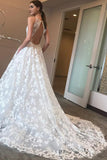 simidress.com | Gorgeous White Tulle A-line Deep V-neck Court Train Lace Wedding Dresses, SW277