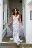 Unique White Mermaid V-neck Sleeveless Beach Wedding Dresses with Train, SW278