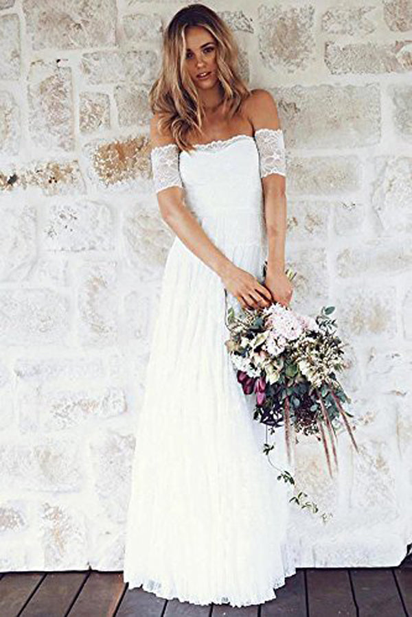 Fabulous White Bohemian Strapless Off Shoulder Lace Wedding Dress Online, SW279