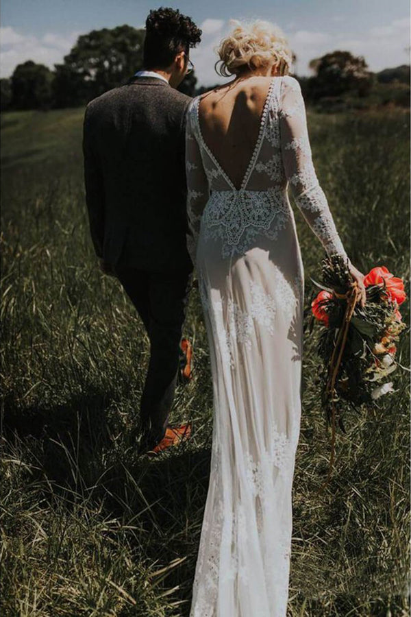 Ivory Sheath Long Sleeve Backless Lace Country Wedding Dresses With Appliques, SW280 Simidress Ivory Sheath Long Sleeve Backless Lace Country Wedding Dresses With Appliques, SW280 Simidress