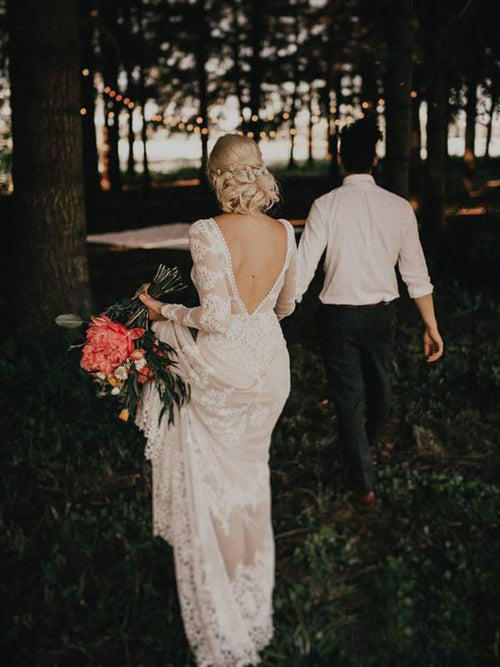 Ivory Sheath Long Sleeve Backless Lace Country Wedding Dresses