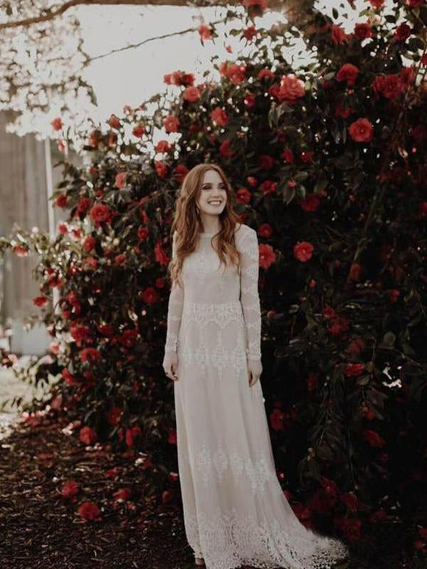 simidress.com | Ivory Sheath Long Sleeve Backless Lace Country Wedding Dresses With Appliques, SW280