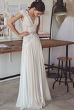Simple A-line V-neck Cap Sleeves Beach Wedding Dresses With Lace Appliques, SW281
