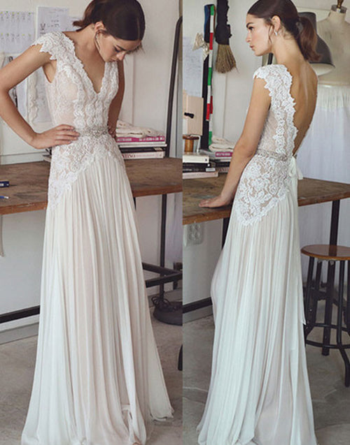 www.simidress.com | Simple A-line V-neck Cap Sleeves Beach Wedding Dresses With Lace Appliques, SW281
