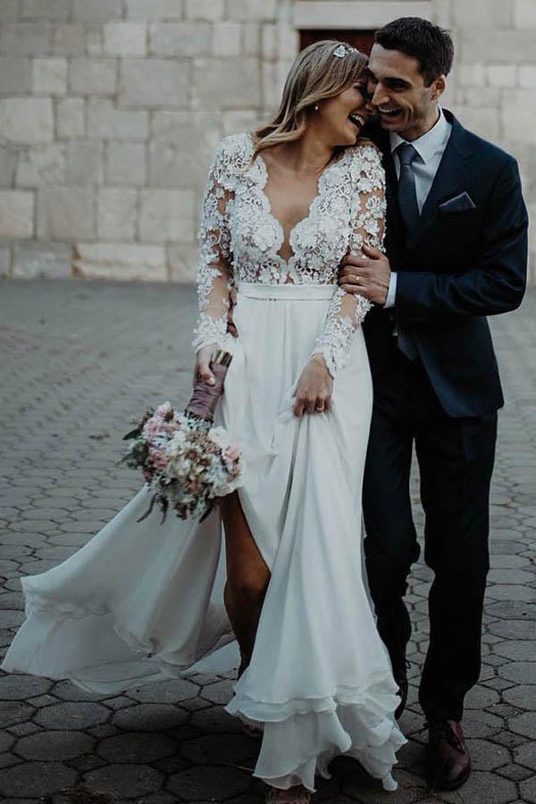 Chiffon A line V neck Side Slit Long Sleeves Wedding Dress with Flowers Appliques SW284 Simidress