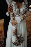 www.simidress.com | Chiffon A-line V-neck Side Slit Long Sleeves Wedding Dress with Flowers Appliques, SW284-1