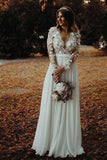 www.simidress.com | Chiffon A-line V-neck Side Slit Long Sleeves Wedding Dress with Flowers Appliques, SW284-2
