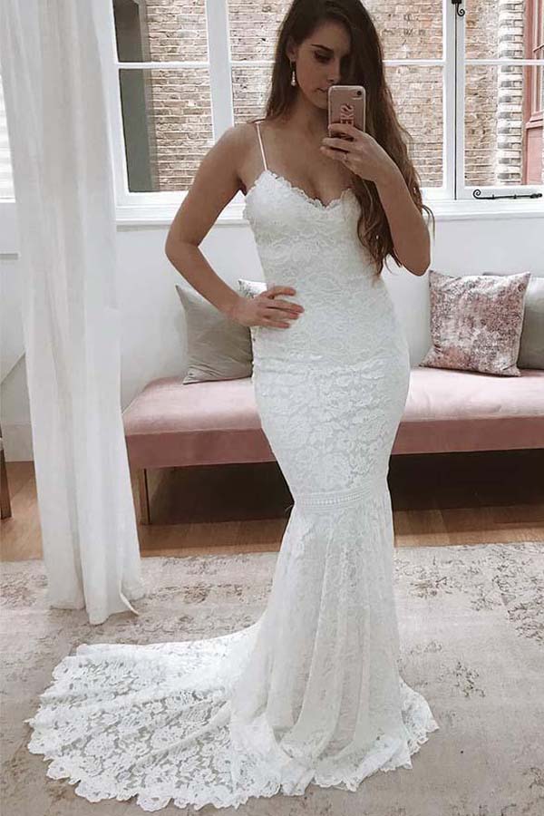 White All Over Lace Mermaid Spaghetti Straps Wedding Dresses with Train, SW285