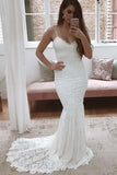 White All Over Lace Mermaid Spaghetti Straps Wedding Dresses with Train, SW285