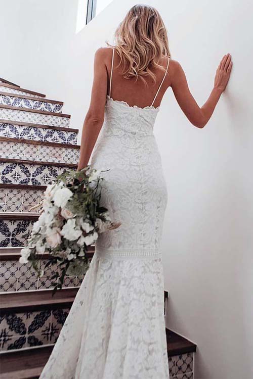 www.simidress.com | White All Over Lace Mermaid Spaghetti Straps Wedding Dresses with Train, SW285