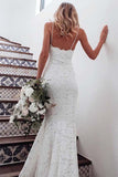 www.simidress.com | White All Over Lace Mermaid Spaghetti Straps Wedding Dresses with Train, SW285