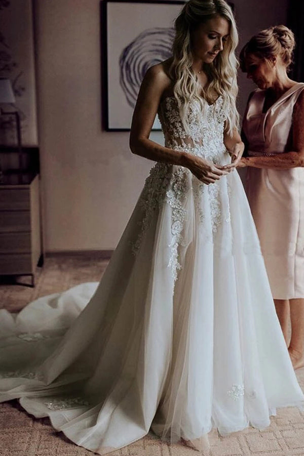 Gorgeous Beaded Tulle A-Line Sweetheart Sweep Train Wedding Dress with Appliques, SW286 Simidress Gorgeous Beaded Tulle A-Line Sweetheart Sweep Train Wedding Dress with Appliques, SW286 Simidress