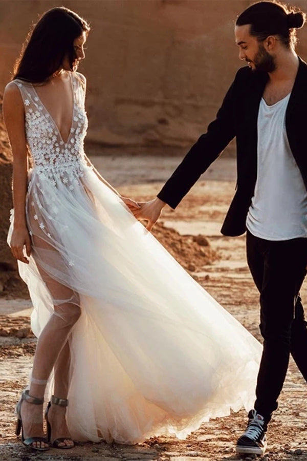 Fabulous See-through A-line V-neck Beach Wedding Dresses with Side Slit, SW288