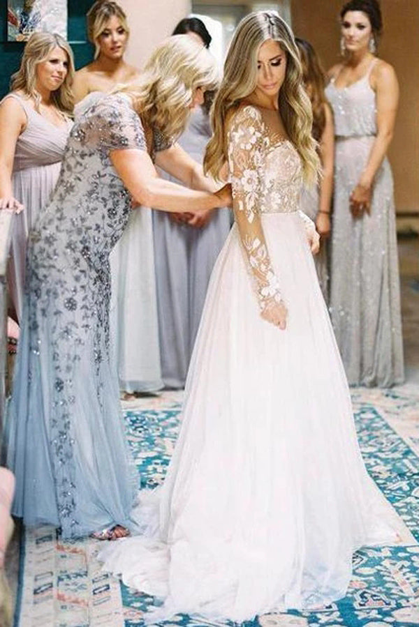 Elegant Tulle Long Sleeves A-line See Through Backless Wedding Dresses, SW289