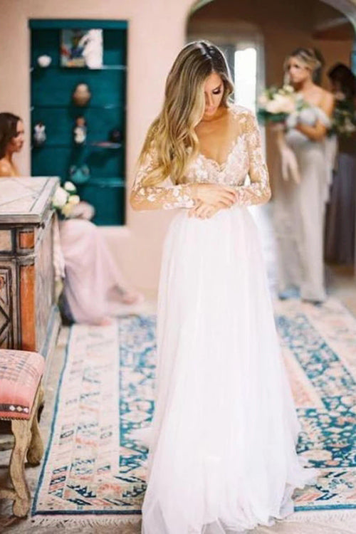 simidress.com | Elegant Tulle Long Sleeves A-line See Through Backless Wedding Dresses, SW289