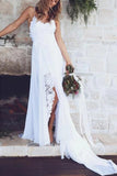 Gorgeous White Spaghetti Straps A-line V Neck Side Slit Beach Wedding Dress, SW290