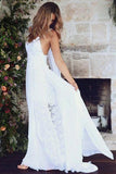 Gorgeous White Spaghetti Straps A-line V Neck Side Slit Beach Wedding Dress, SW290