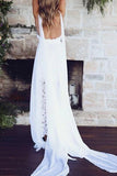 Gorgeous White Spaghetti Straps A-line V Neck Side Slit Beach Wedding Dress, SW290