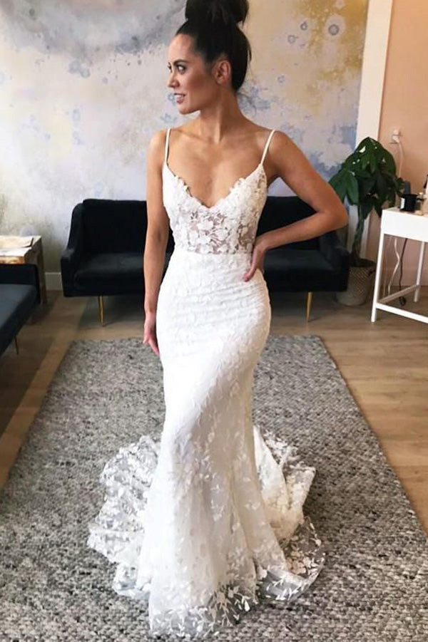 Gorgeous Spaghetti Straps Lace Mermaid V-neck Wedding Dresses with Train, SW291
