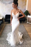 Gorgeous Spaghetti Straps Lace Mermaid V-neck Wedding Dresses with Train, SW291