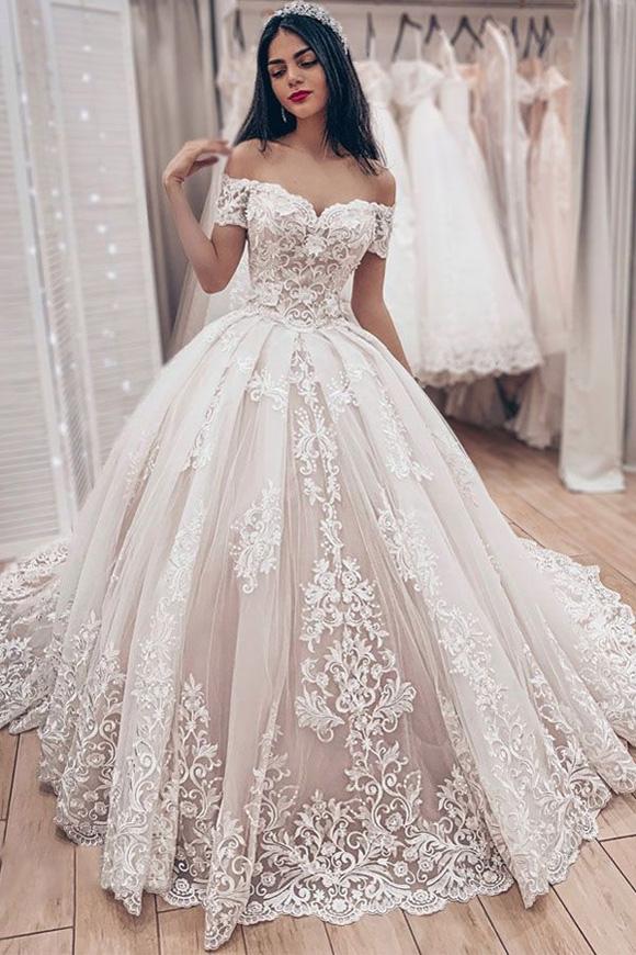 Luxurious  Ivory Lace Ball Gown Off Shoulder Lace Up Wedding Dress with Appliques, SW292