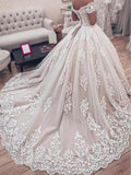www.simidress.com | Luxurious  Ivory Lace Ball Gown Off Shoulder Lace Up Wedding Dress with Appliques, SW292