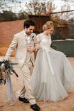 Fabulous Lace Tulle Silver Country Short Sleeve Wedding Dresses with Sash, SW293