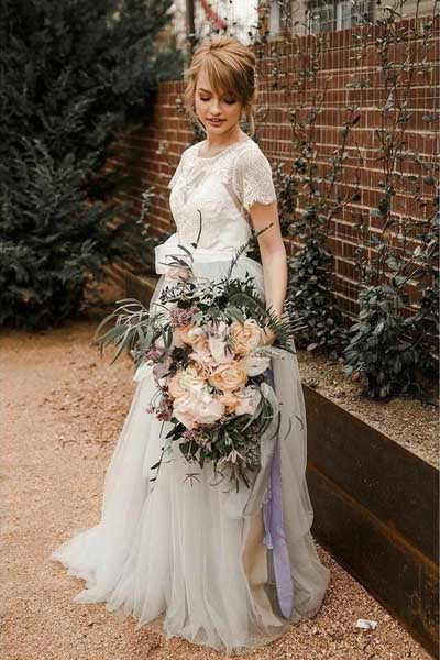 simidress.com | Fabulous Lace Tulle Silver Country Short Sleeve Wedding Dresses with Sash, SW293