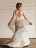 Fabulous Lace Tulle Silver Country Short Sleeve Wedding Dresses with Sash, SW293 | www.simidress.com