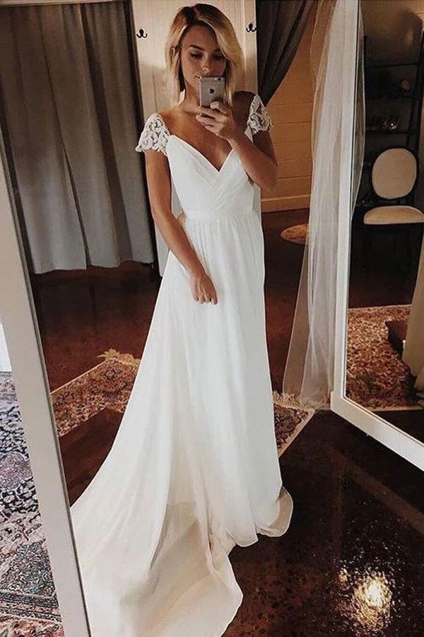 Simple Chiffon A-line Cap Sleeve V-neck Bohemian Beach Wedding Dresses, SW294