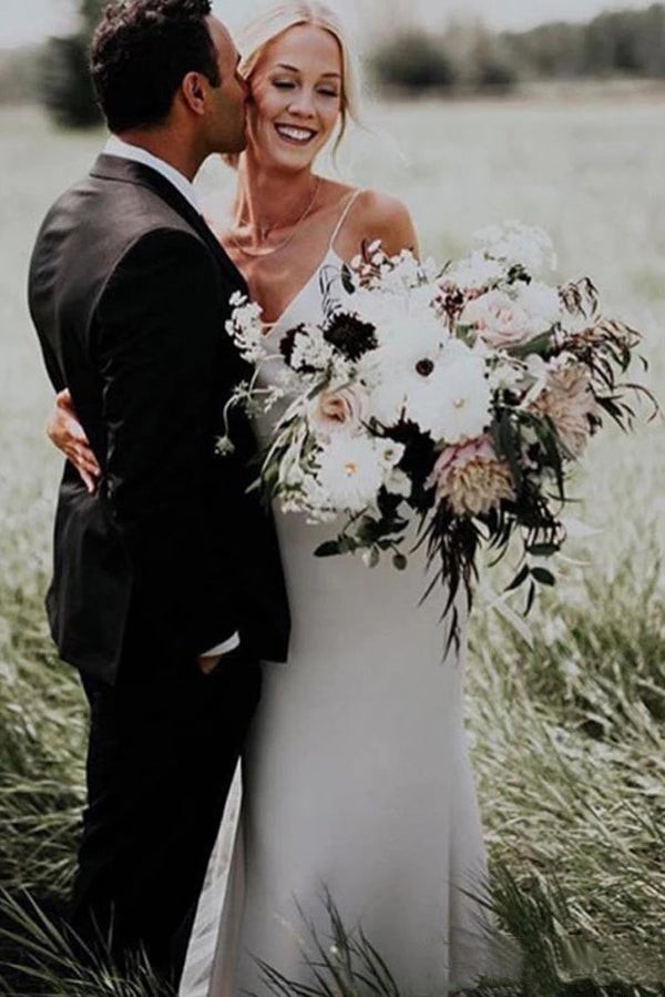 Simple White Mermaid Spaghetti Straps V Neck Satin Boho Beach Wedding Dress, SW295